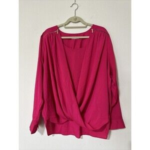Calvin Klein Fuchsia Mock Wrap Blouse Sz 1X - 2X Draped High Low Top Long Sleeve